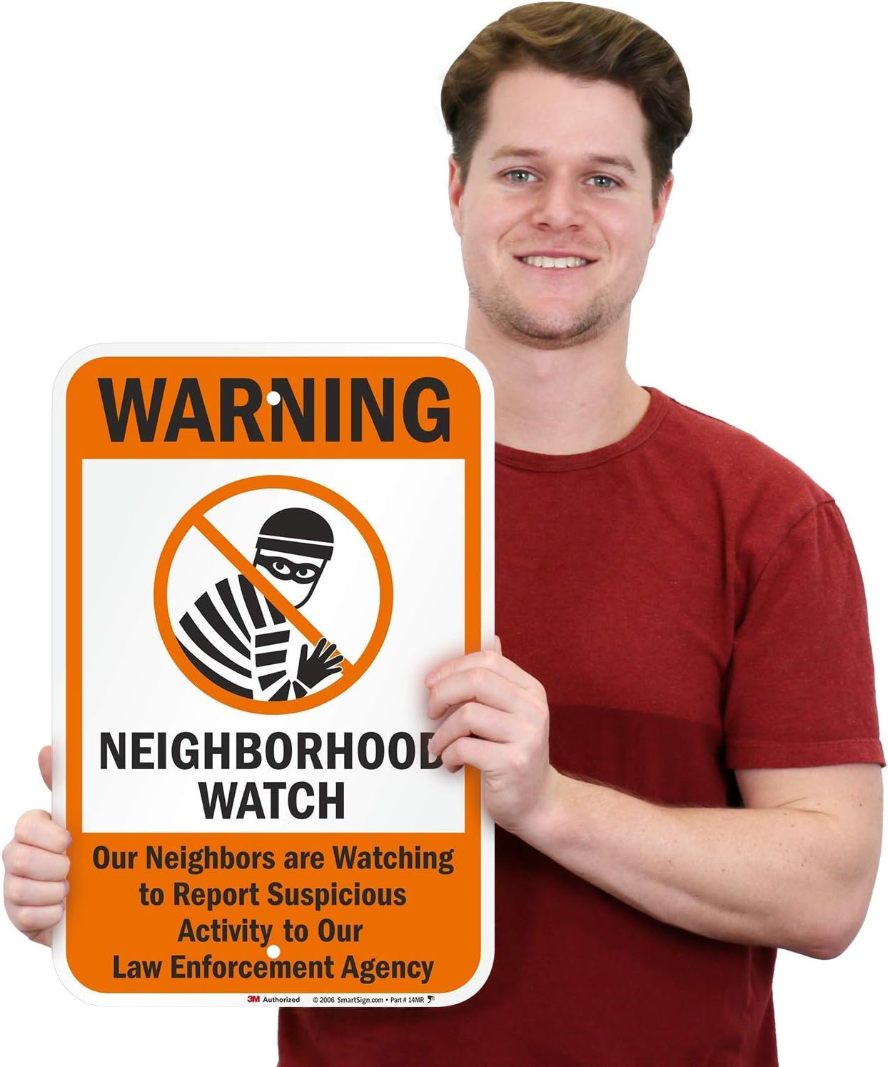 SmartSign 3M High Intensity Grade Reflective Sign, Legend "Warning: Neighborhood Watch" with Graphic, 18" high x 12" wide, Black/Orange on White