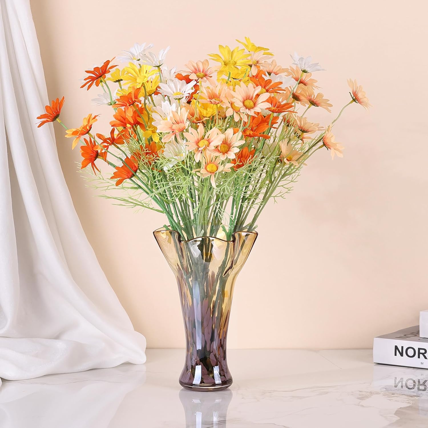 Hand Blown Glass Vase for Flowers, Murano Style Fluted Art Gold Amber Glass Vase, Wide Mouth Colorful Decorative Vase for Centerpieces, Home Decor for Living Room Dining Table Bookshelf Office - Image 4