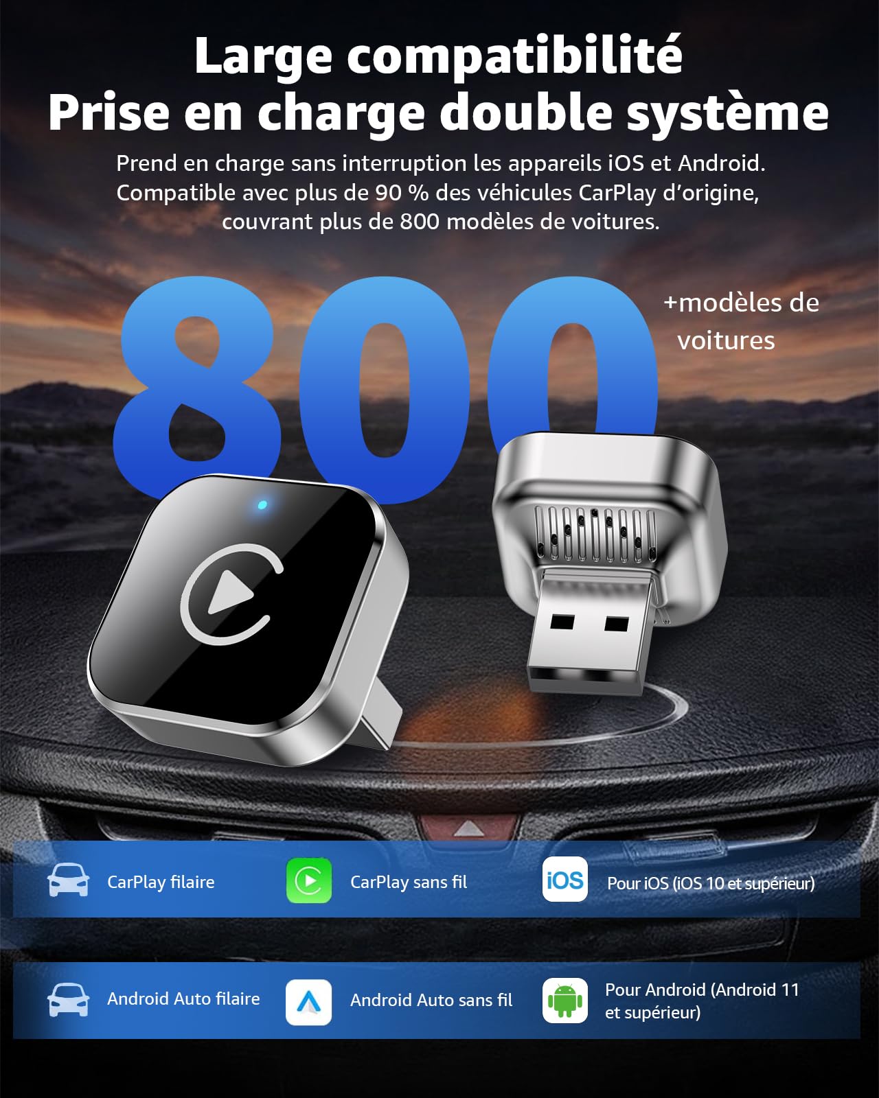 CarPlay sans Fil Adapter 2026 Upgrade, Mini 2-en-1 Dongle USB Plug & Play, CarPlay & Android Auto sans Fil pour Voiture, Connexion Automatique Stable, Compatible iPhone & Android, Argent