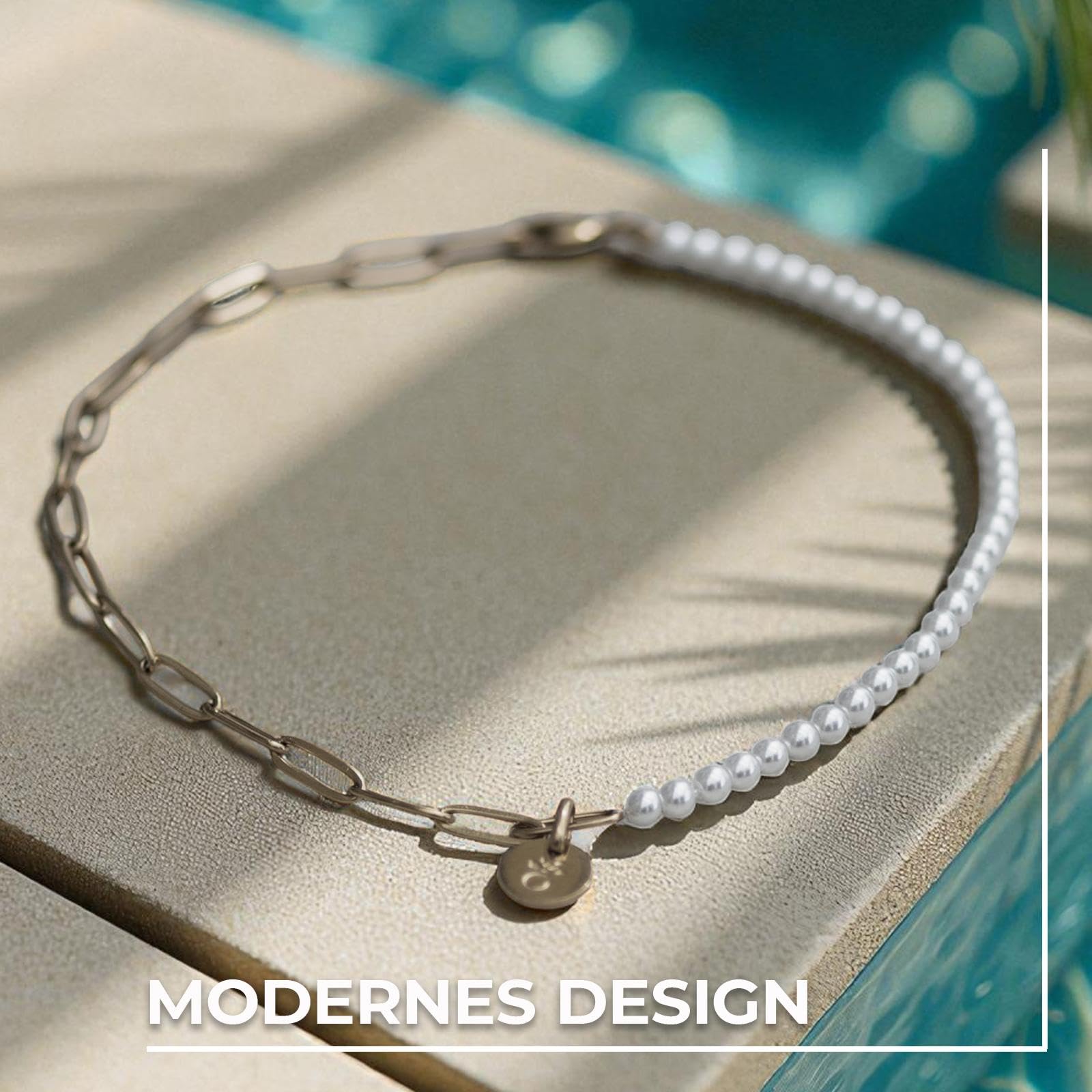 Amoonìc Fußkettchen für Damen aus Edelstahl mit Perlen Gold & Silber - Wasserfest & Verstellbar Zierliche Fußkette Sommer Schmuck Hautverträglich & Nickelfrei Fussketten für Frauen Geschenk Gravur