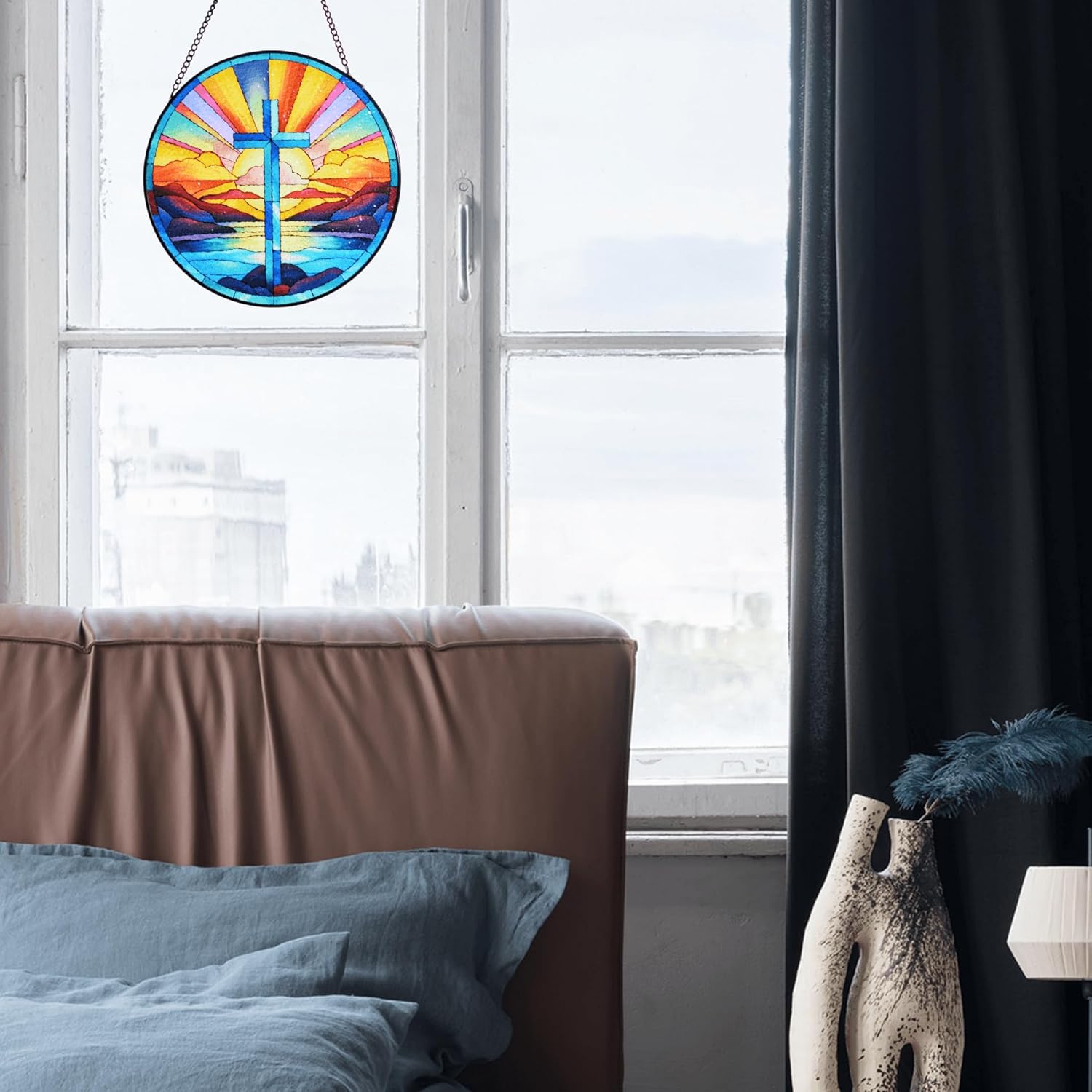 Stained Glass Cross Window Hanging, 8''/20CM Suncatchers for Windows Diamond Textured Glass Cross Decorative Hanging Ornaments Stained Glass for Chirstmas Suncatcher Window Panel Gift Home Decor - Image 2