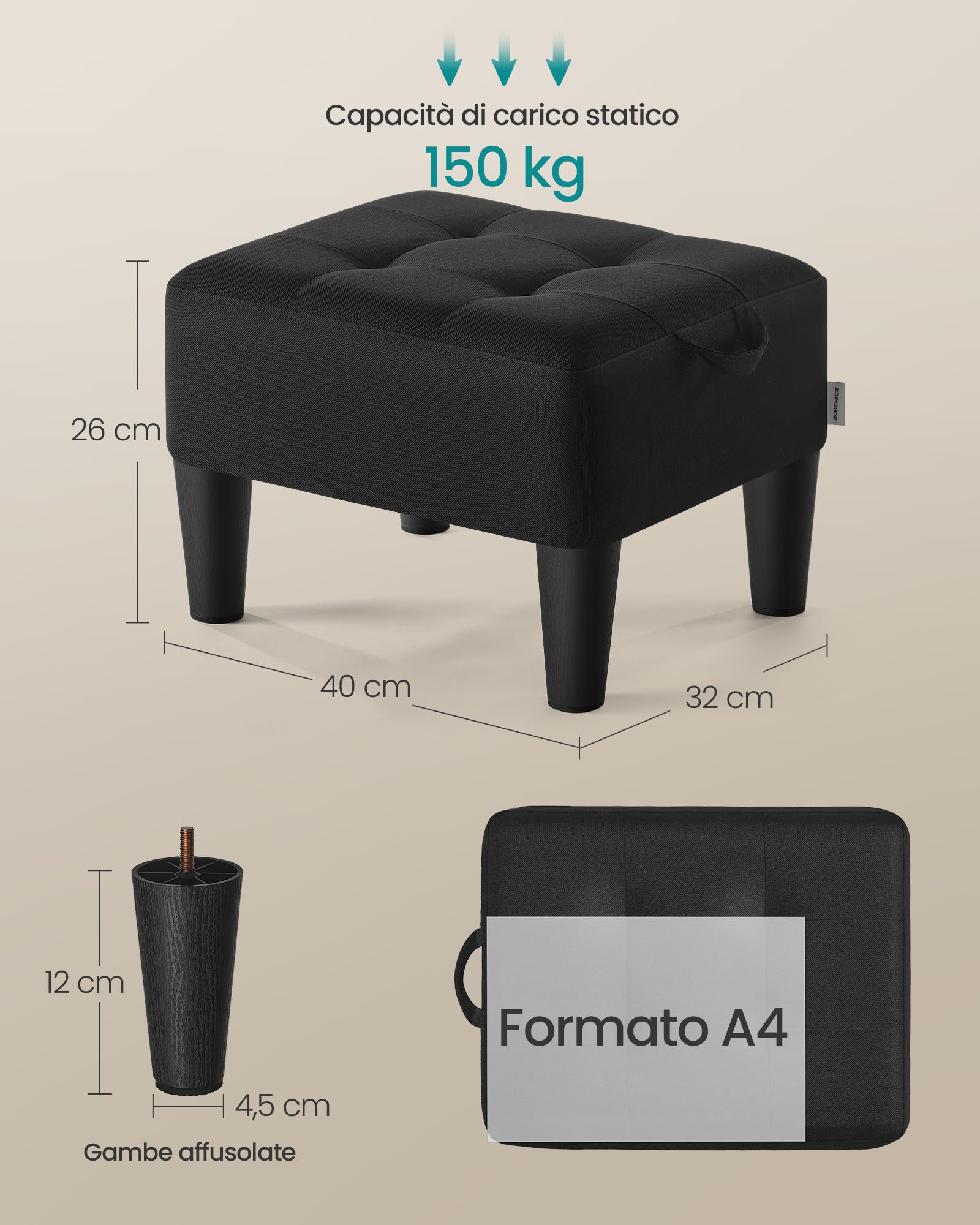 SONGMICS Sgabello Pouf Contenitore, Poggiapiedi in Tessuto Simil Lino, Imbottitura Spessa, Portata Fino a 150 kg, per Soggiorno, Camera da Letto, Ingresso, Nero Inchiostro LOM502B01