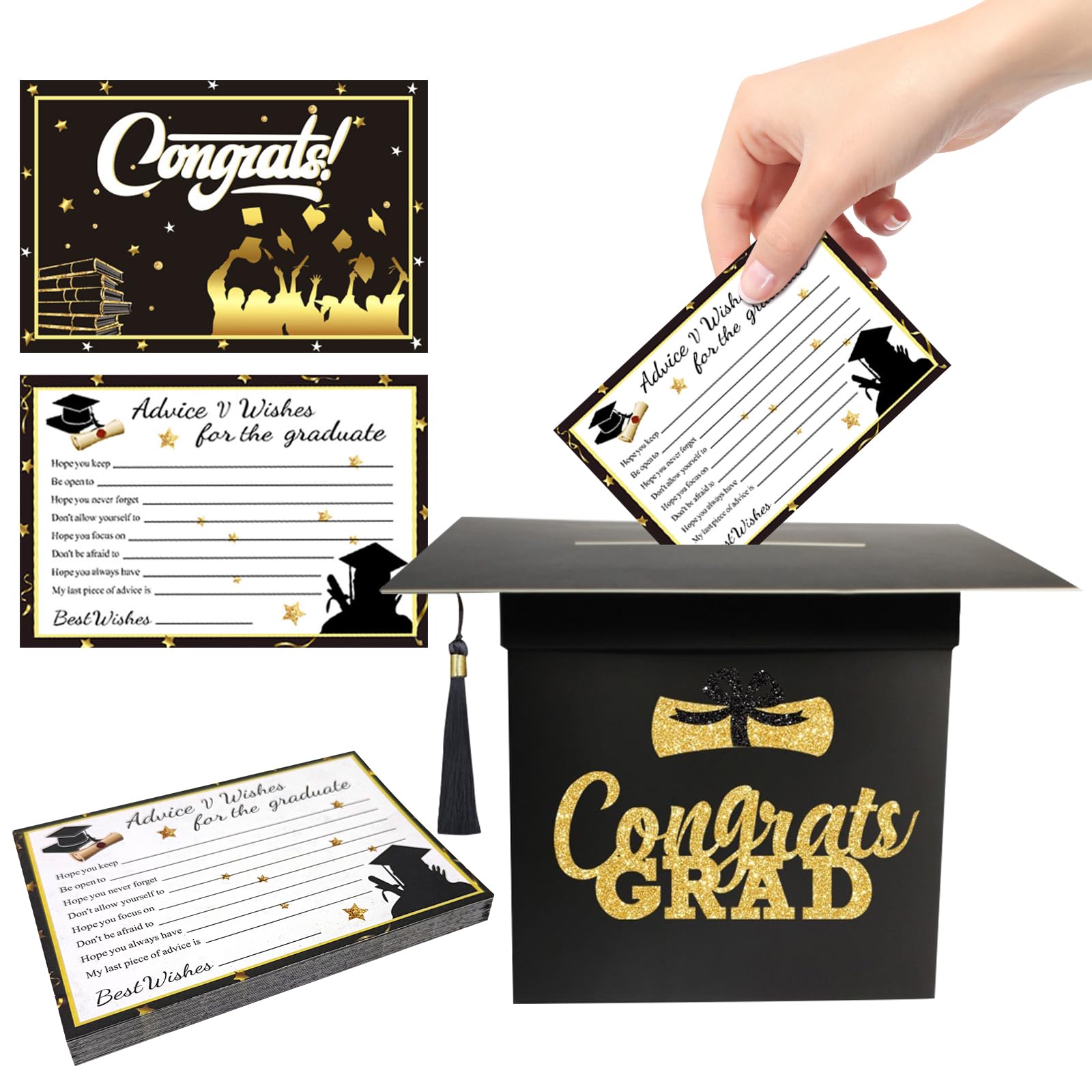 HLUYUST Graduation Card Box Holder with 30 Graduation Advice Cards - Class of 2025 Graduation Party Decorations | Graduation Cap-Shaped Keepsake