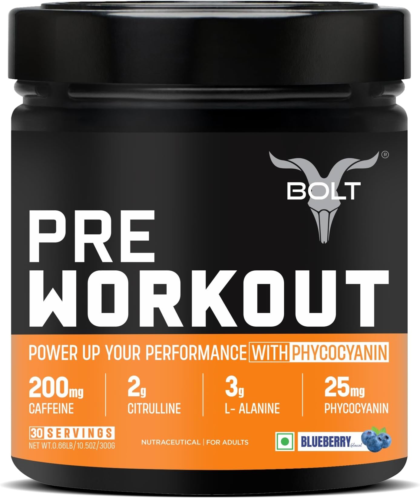 - Bolt Pre Workout Supplement | 300 grams,30 Servings |With Caffeine Powder, Citrulline Malate, B-Alanine, Taurine For Explosive Energy, Pump & Focus | Blue Berry Blast