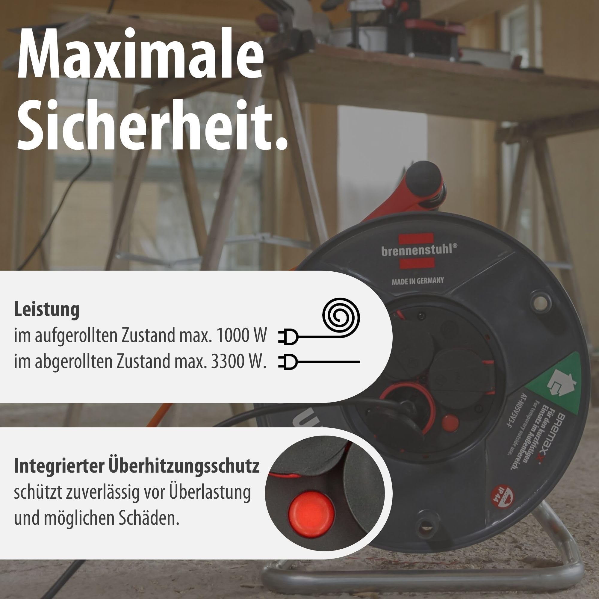Brennenstuhl Garant V2 IP44 Kabeltrommel 50m Outdoor (Made in Germany, 3 Schutzkontakt-Steckdosen, Überhitzungsschutz, kurzfristiger Einsatz im Außenbereich)