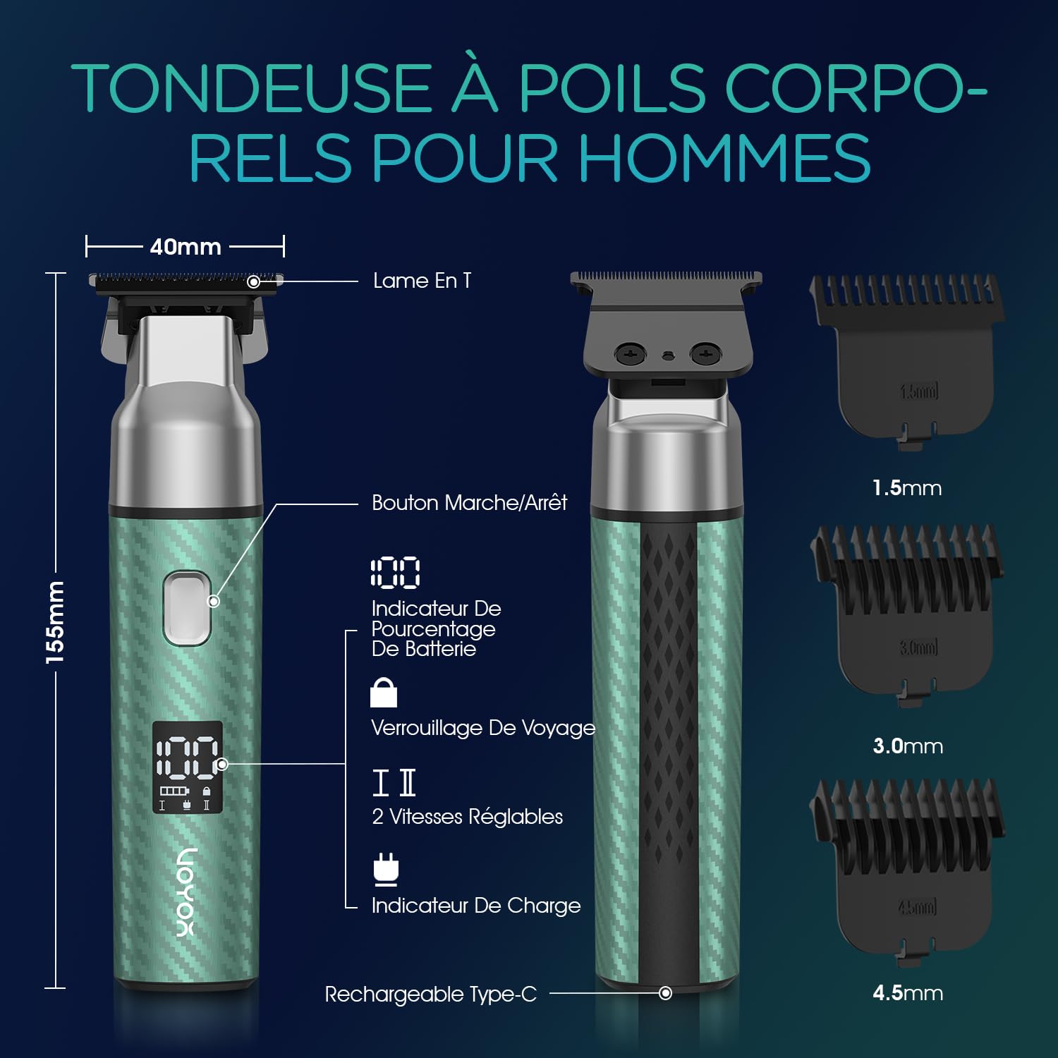 VOYOR Tondeuse Corps Homme,Rasoir Corps Pour Aisselles,Visage,Maillot,Poils,Tondeuse Intime Homme,Rechargeable Par USB,Tondeuse Partie Intime Étanche (Vert)