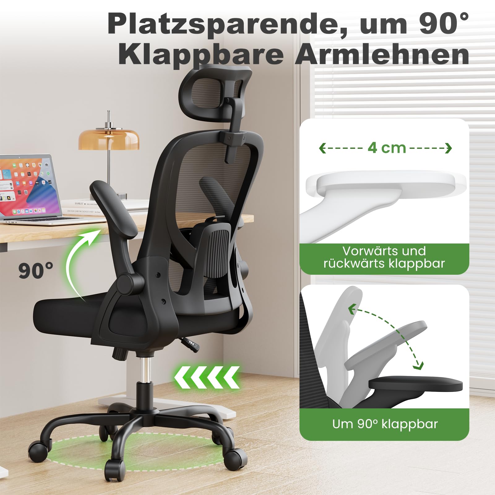 rattantree Bürostuhl, Schreibtischstuhl mit Verstellbarer Rückenlehne/Kopfstütze/Hochklappbaren Armlehnen, Kleiner Drehstuhl mit Wippfunktion 135°, Bürostuhl Ergonomisch mit Netzbezug, Schwarzer