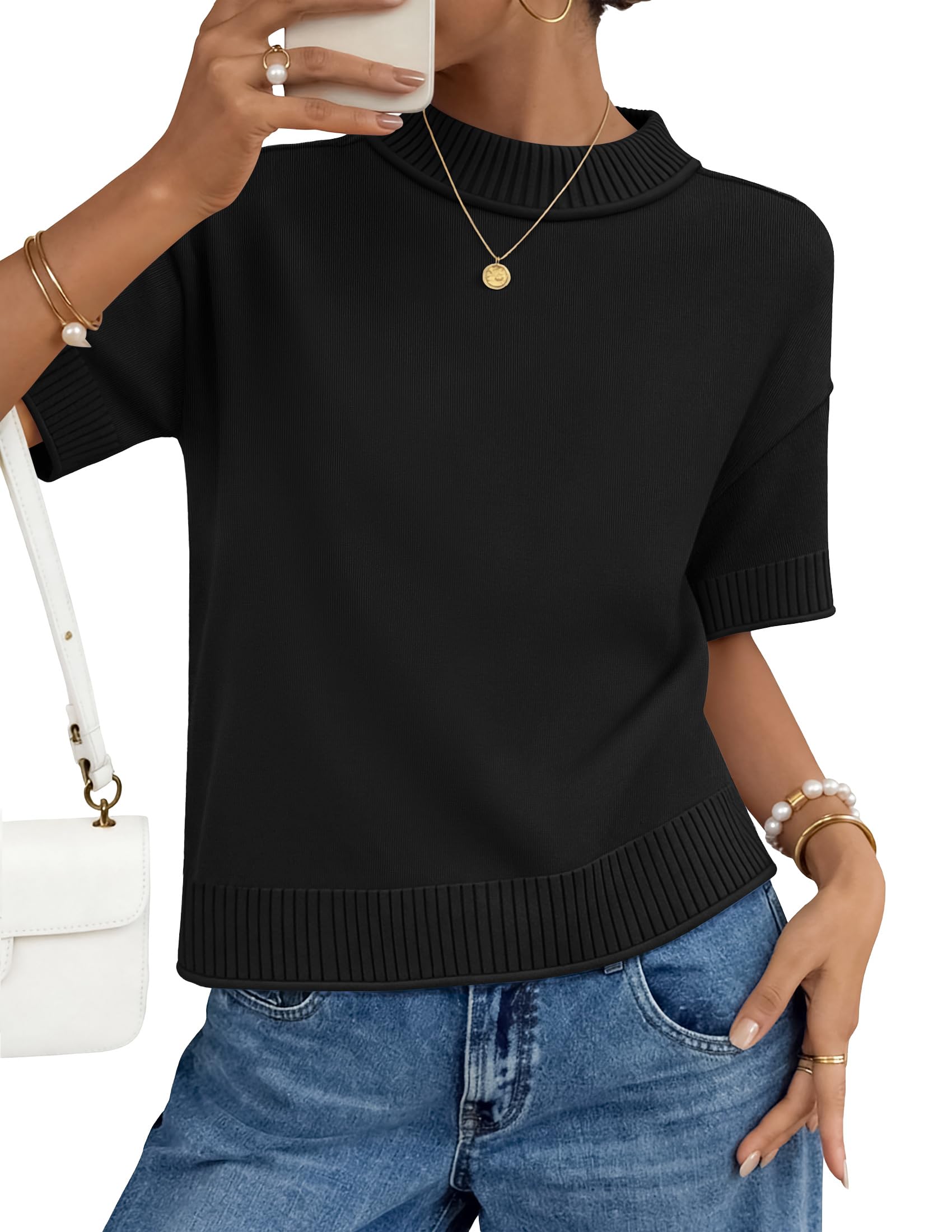 ZESICA Womens Casual Short Sleeve Sweaters 2026 Summer Oversized Crewneck Soft Knit Cropped Tops Trendy Outfits