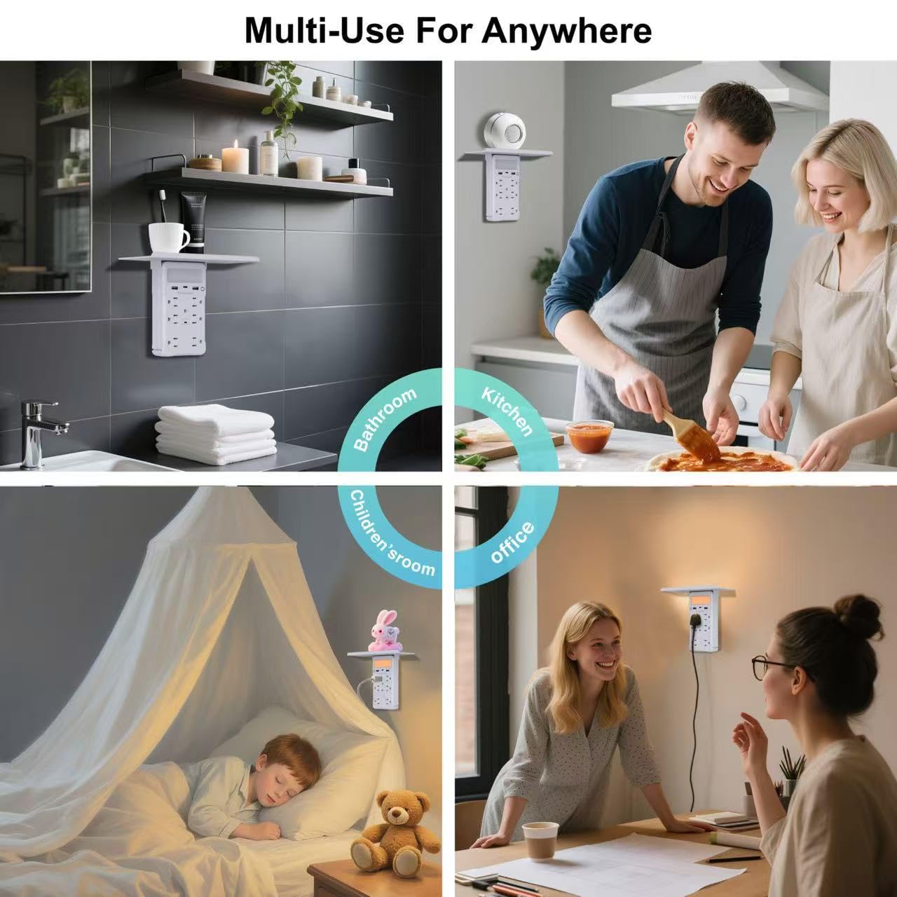 Surge Protector, Multi Plug Outlet, Estensore Presa a Muro con Luce Notturna e Ripiano, Espansore Spina di Alimentazione, (2A +1C), Caricatore da Parete USB, Presa di Alimentazione