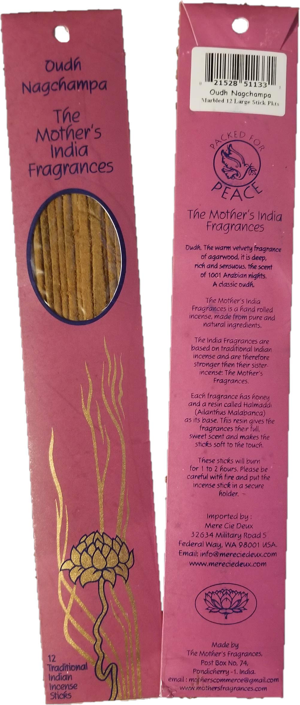 Mother's India Fragrances Incense - Oudh Nagchampa 12 Stick Packet 10"