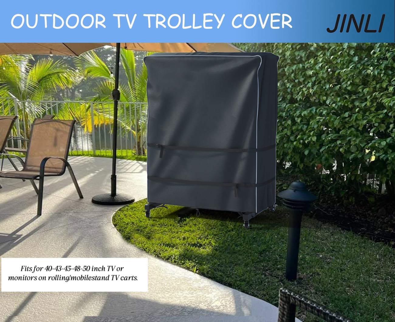 JINLI 45-50 inch outdoor TV trolley cover, courtyard TV cover, Oxford fabric waterproof and dustproof, triple windproof design, compatible with rolling/mobile stand
