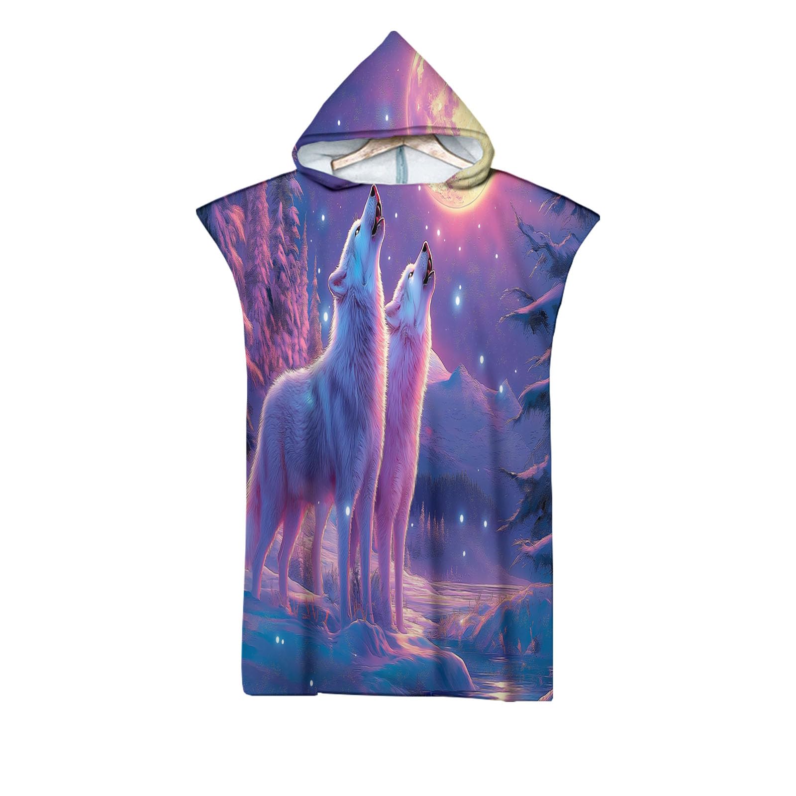 Poncho à capuche microfibre loup et paysage enneigé pour adulte