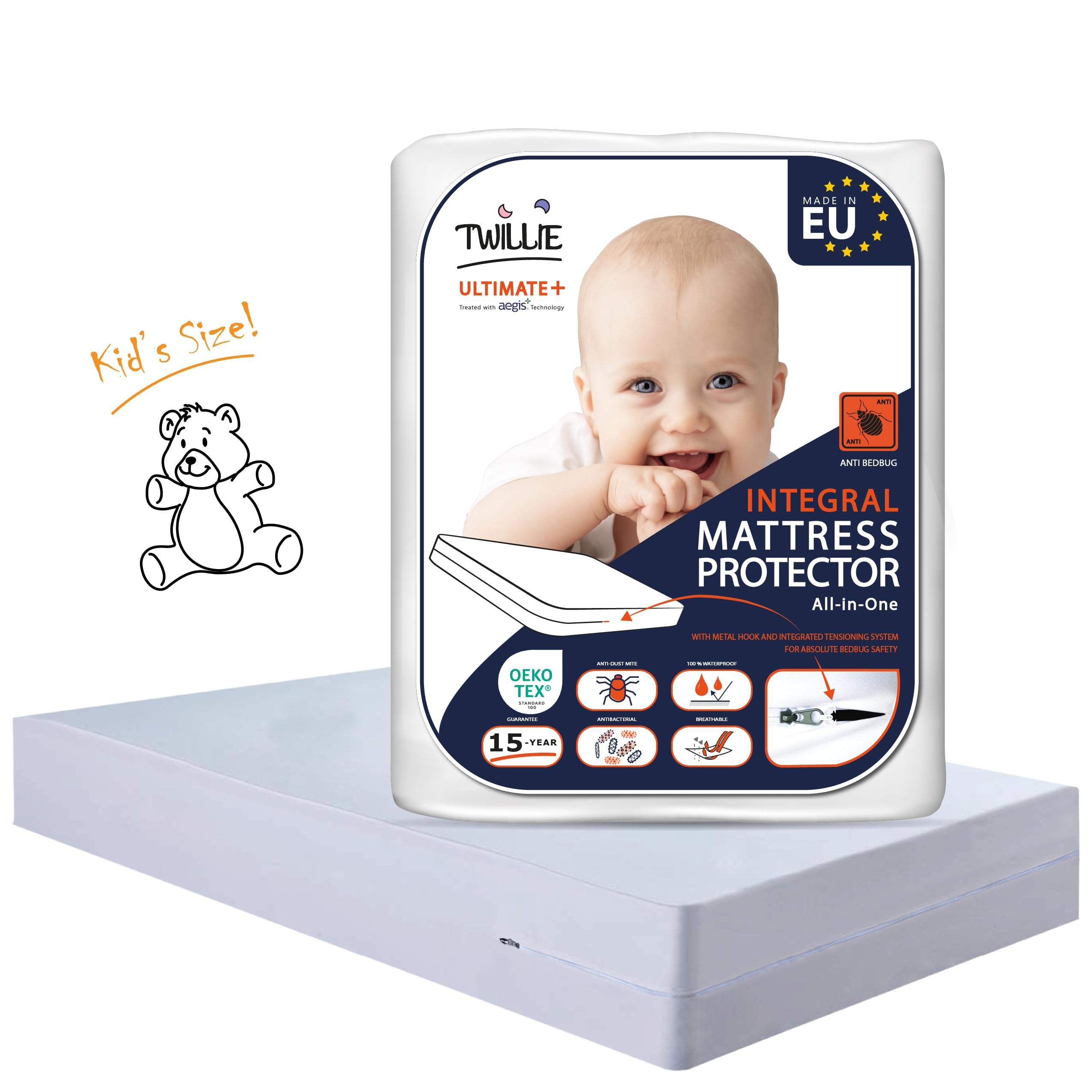 Twillie - Integral Mattress Cover 80x160x15 cm Waterproof - Anti bedbug - Oeko-TEX® Mattress Cover AEGIS® treatment Anti-Dust Mite, Anti-Bacterial - Mattress Protector Made in EU