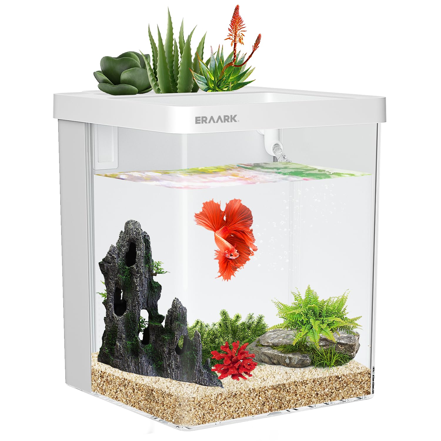 ERAARK Smart Betta Fish Tank 1.5 Gallon Aquarium with Filter LED Light, Water Pump, Fish Bowl (White)