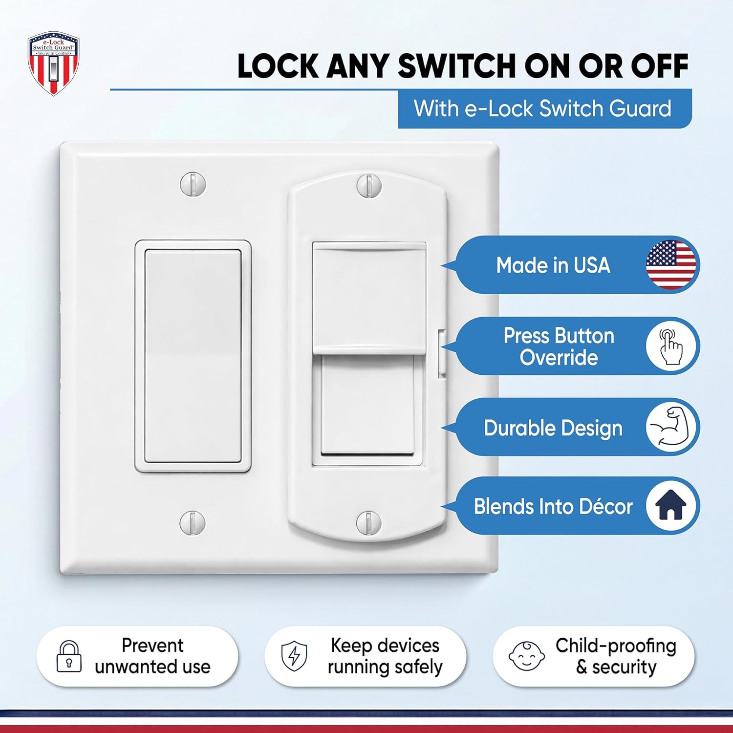 eLock Switch Guard for Decora/Rocker Switches | Child Proof Light Switch Lock with ON/OFF Push Button | Made in USA | Protect TV's, Security Camera, Gas Fireplace | Safety Cover | White | 4 Pack