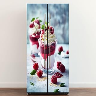 Self Adhesive Vinyl Refrigerator Wrap Raspberry mascarpone Pavlova Cookies Dessert Topped Honey Pistachios Door Mural Sticker Peel and Stick Removable Door Cover Fridge Wrap Decal for Kitchen Decor