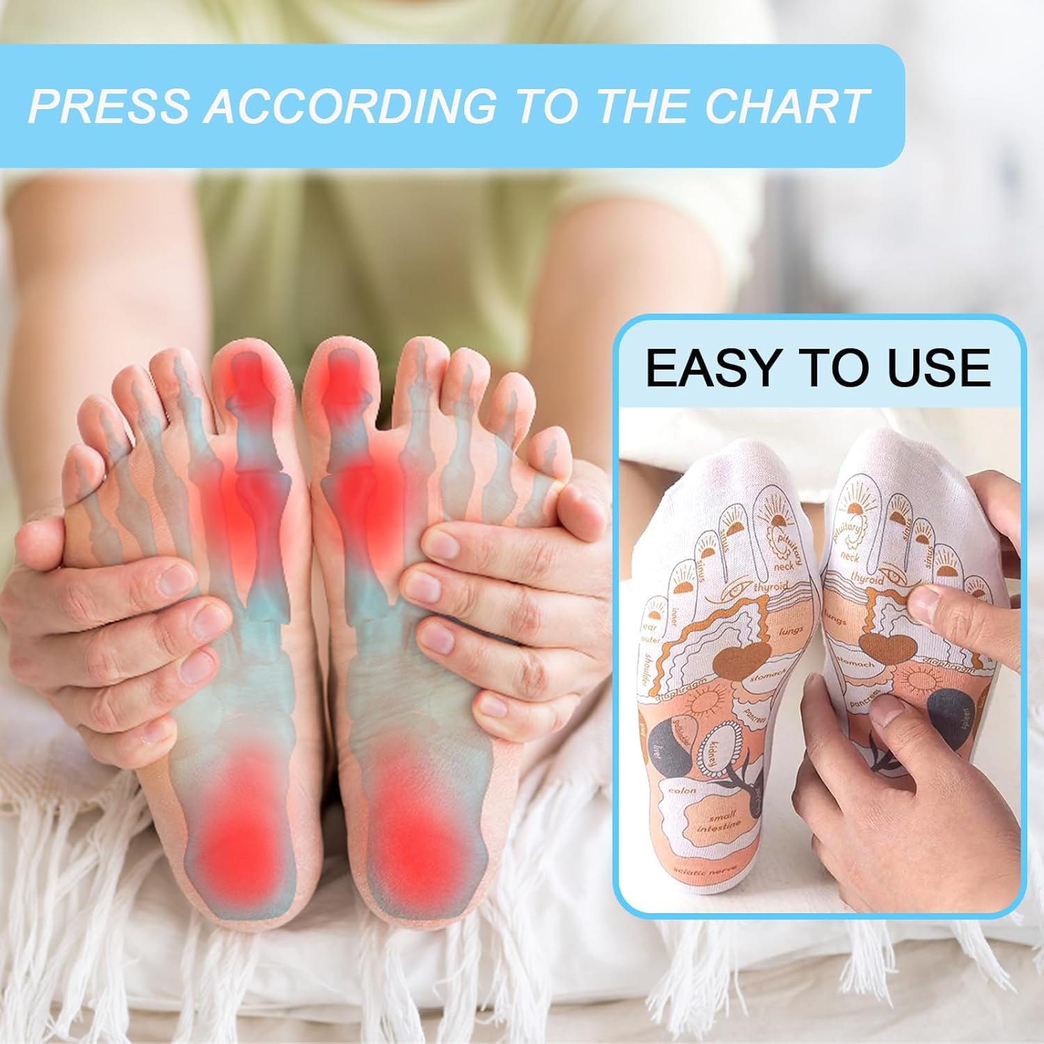 Reflexzonensocken mit Werkzeug – 4 Stück – Socken und Akupressur-Reflexzonenwerkzeuge, mit Massagegerät, Akupunktur-Punktdiagramm, Fußmassage-Socken, Akupunktursocken, Druckstellen und