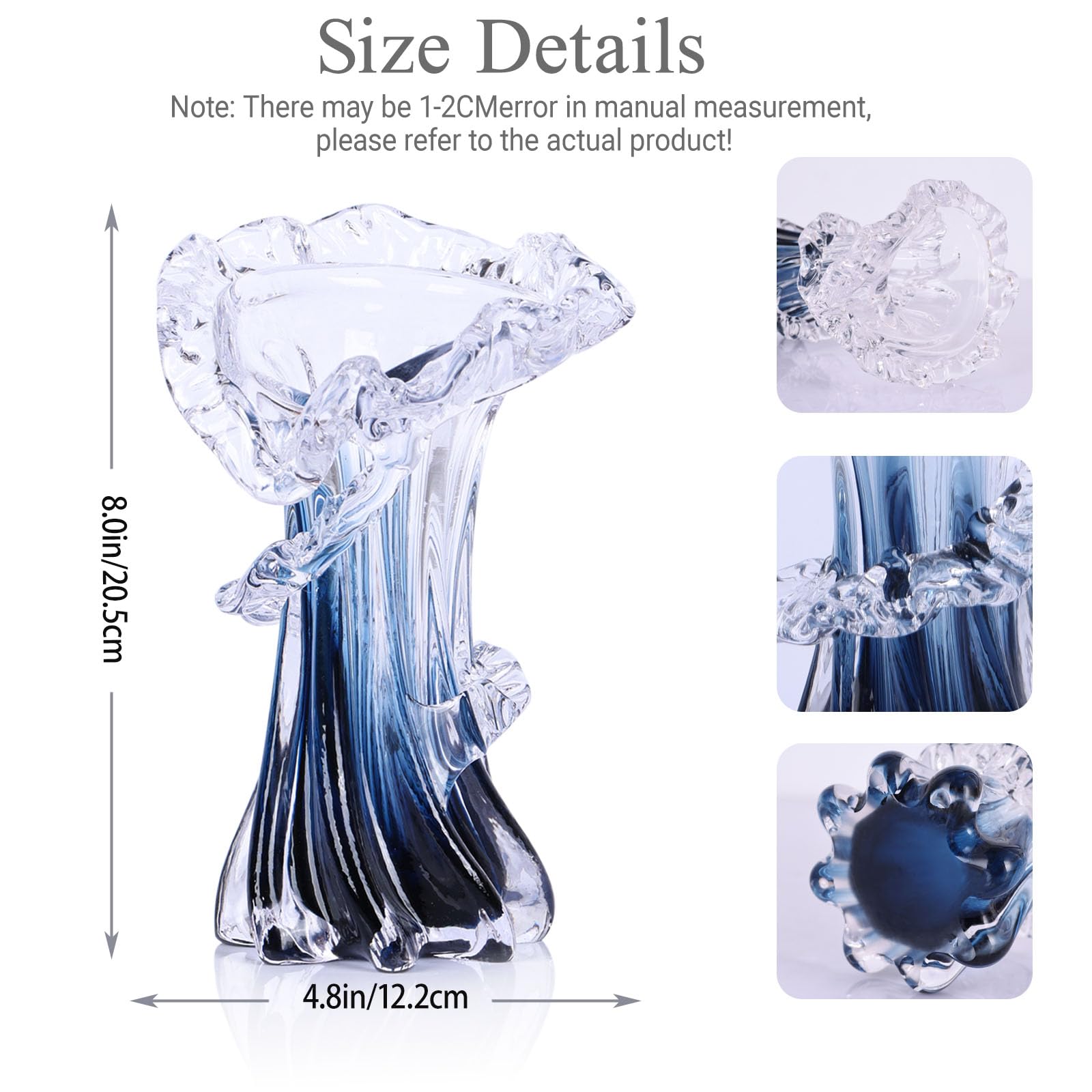 Vases Bleu Blanc Transparent à Dégradé d'Onde, Vase en Verre Soufflé à la Main de Murano en Art Décoratif Unique, pour Thème Océan, Pièce Centrale Côtière, Bureau Moderne, Entrée de Table