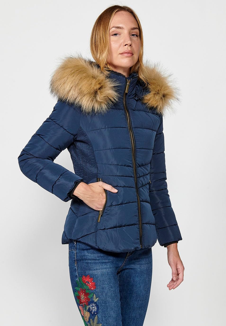 Koroshi NAVY - Giacca imbottita con cappuccio e colletto in pelliccia sintetica con chiusura frontale e cerniera, da donna