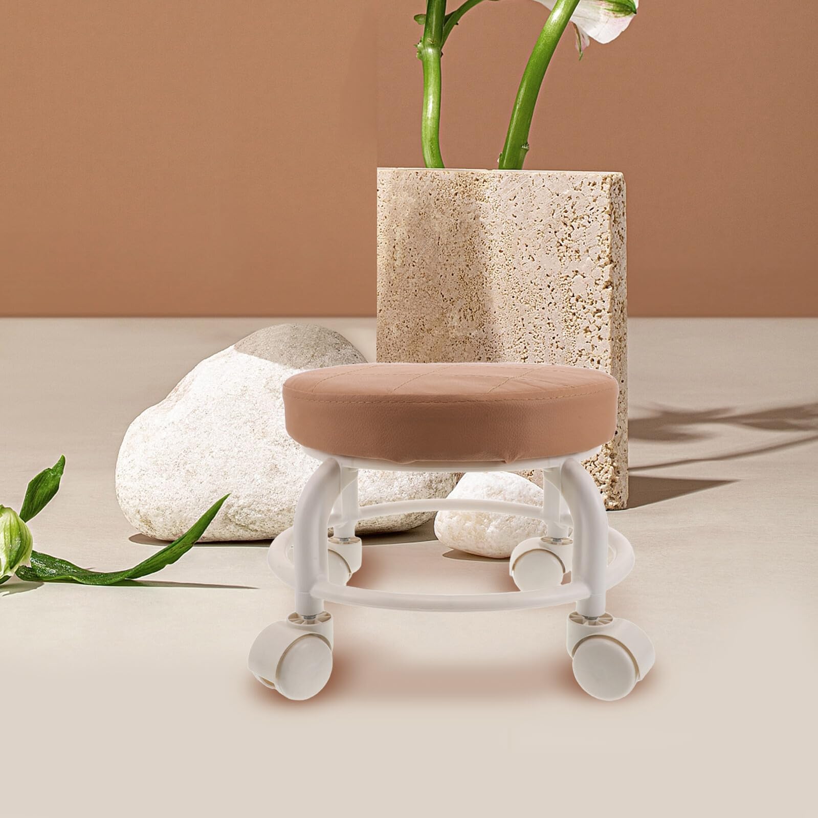 Gatuida Tabouret Roulant à roulettes Pivotantes Marron en PU Résistant pour Pédicure et Salon, Siège Rond Moderne avec Construction Robuste, pour Maison et Bureau