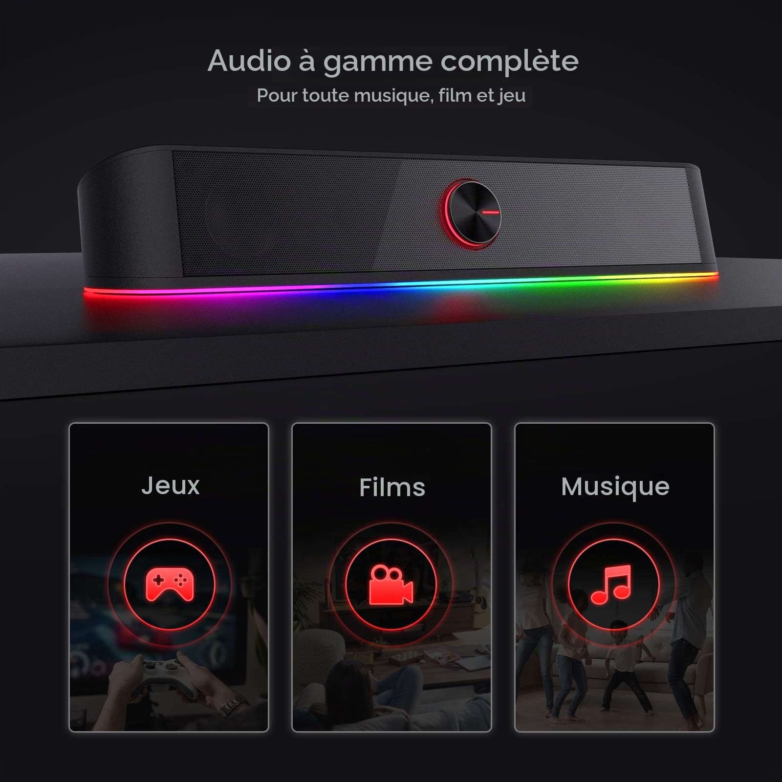 Redragon GS560 RGB Soundbar PC 2.0 Contrôle Tactile | soundbar PC RGB 2.0 canaux barre éclairage dynamique synchronisation audio lumière contrôle tactile