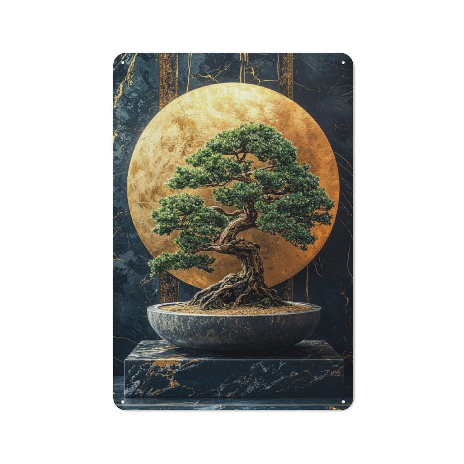 Bonsai Tree with Golden Moon Vintage Metal Wall Decor 30x20cm, Garage Metal Sign for Workshop, Basement, Shed Or Games Room