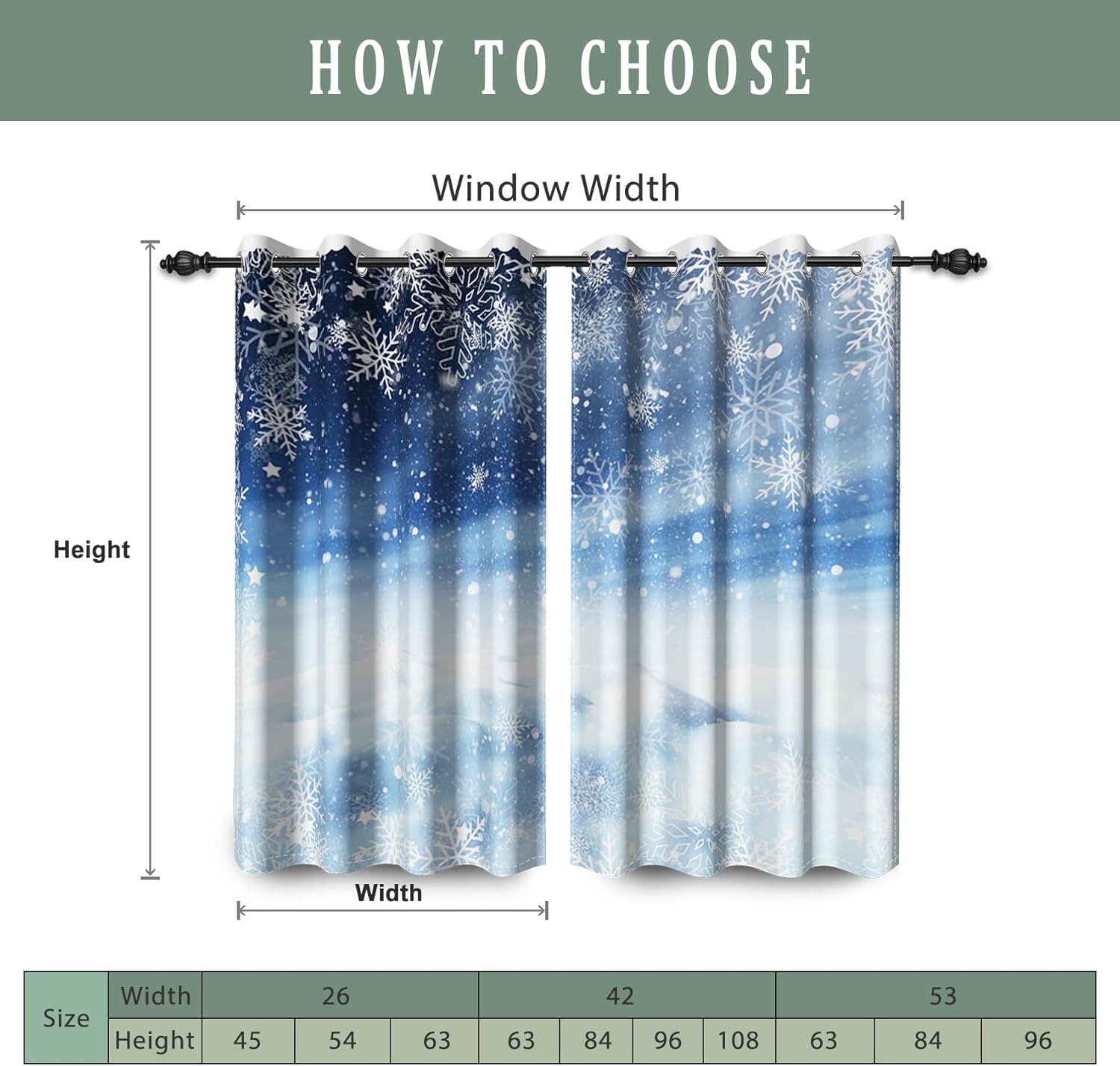 Renaiss Winter Snow Scenery Blackout Curtains for Bedroom Christmas Snowflakes Window Curtain Falling Snowfield Landscape Window Drapes for Living Room Decor Curtains 2 Panels Set, 26x63 Inch
