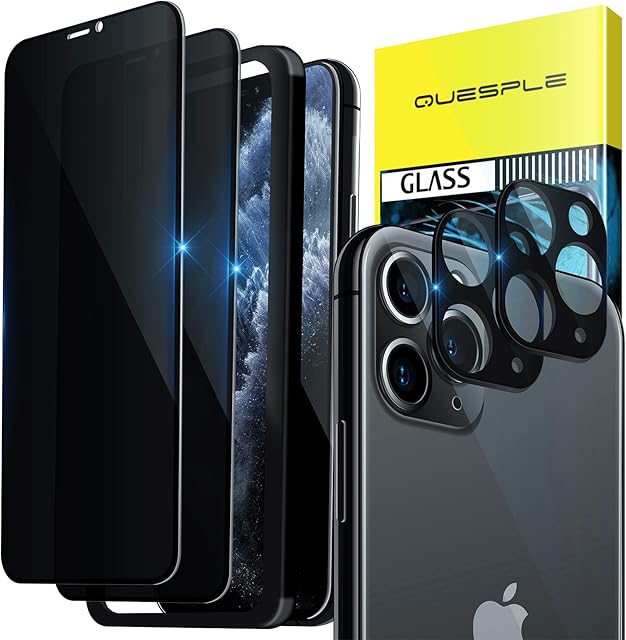 QUESPLE [2+2 Pack] Anti-Spy Privacy Screen Protector for iPhone 11 Pro Max 6.5 Inch with Camera Lens Protector, (Privacy Glass) Anti Peeping/Privacy Tempered Glass Film with Install Tool