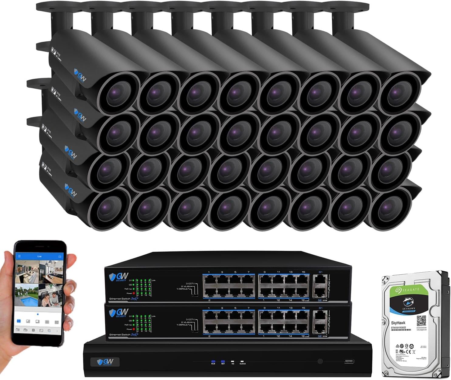 GW Security 32 Channel NVR UltraHD 4K IP PoE Security Camera System with 32 x 8MP Outdoor 2.7-13.5mm Motorized Zoom PoE Bullet Cameras, Smart AI Face Recognition, Human/Vehicle Detections