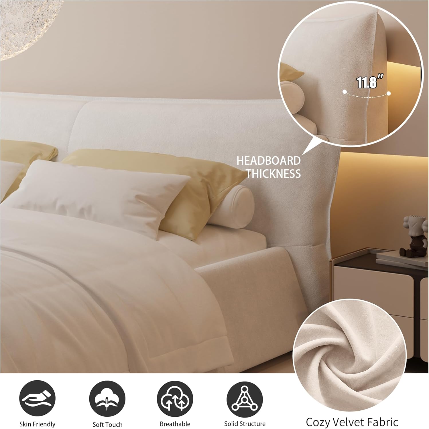 Queen Size Bed Frame with Oversized Soft Velvet Thick Headboard, Modern Luxury Cloud Marshmallow Bed Frame, Elegant Upholstered Platform Soft Bedframe, Sturdy Pine Wood, Cream