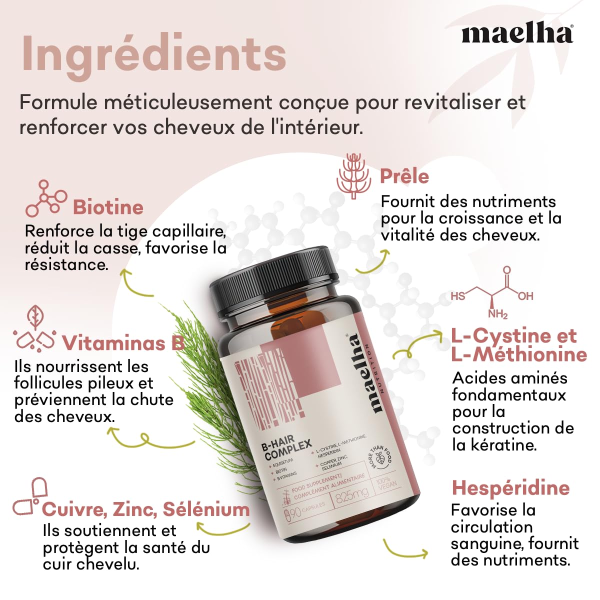 B-Hair Complex | Complément à base de biotine et de vitamine B pour les cheveux | 90 capsules | 100% végétalien