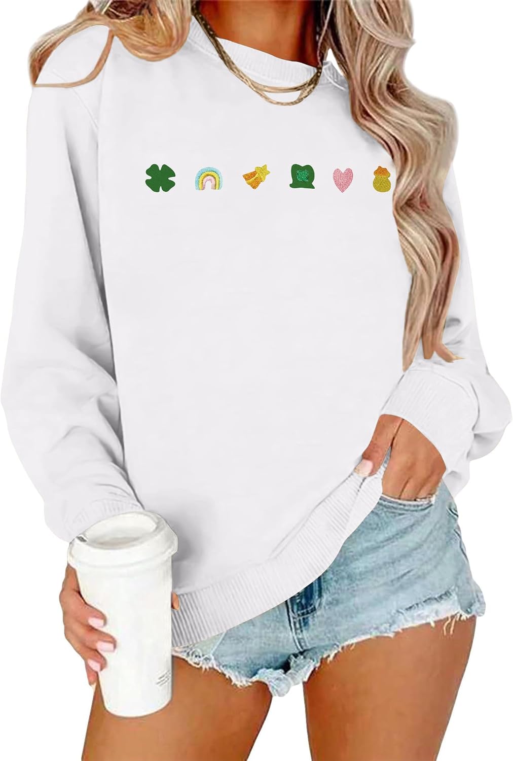 St Patricks Day Sweatshirt Women Shamrock Embroidery Sweatshirts St Patricks Day Shirt Casual Lucky Patch Pullover Tops