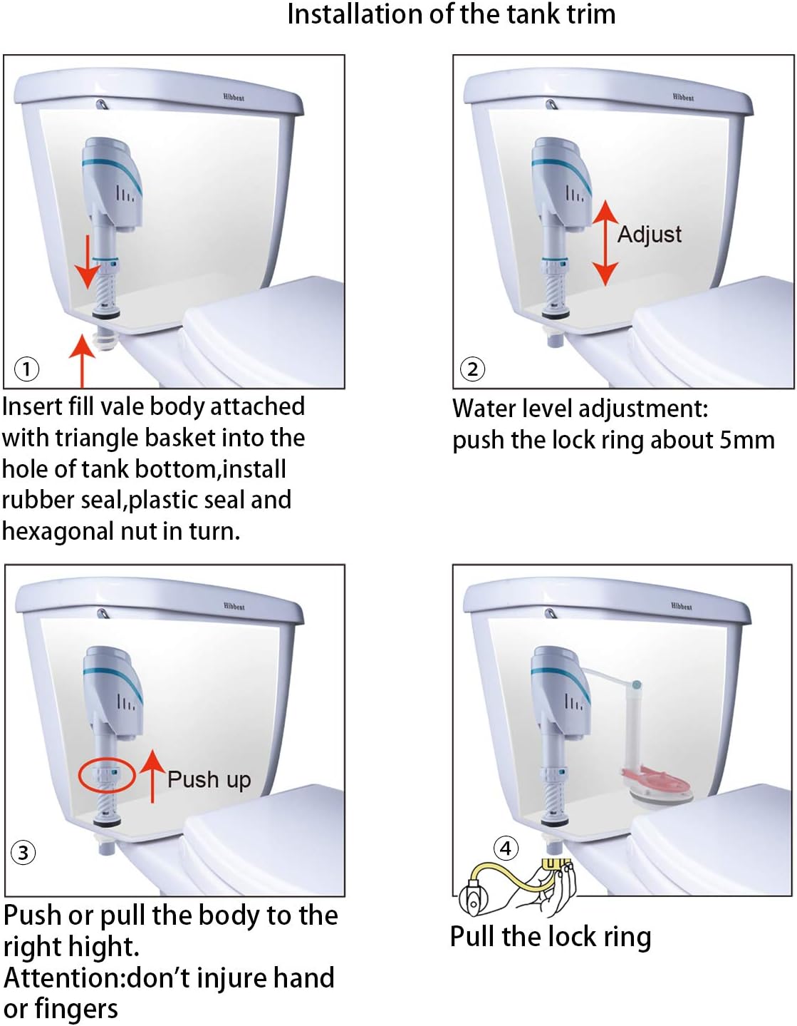 Diagram showing installation steps for the toilet fill valve