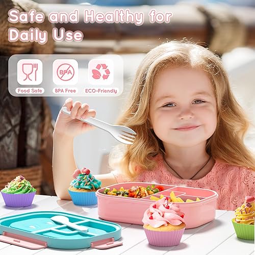 Miniatura 3 de TIME4DEALS Lonchera Bento para niños y adultos, 4 compartimentos con tenedor y cuchara, sin BPA, a prueba de fugas, estilo bento, apta para el