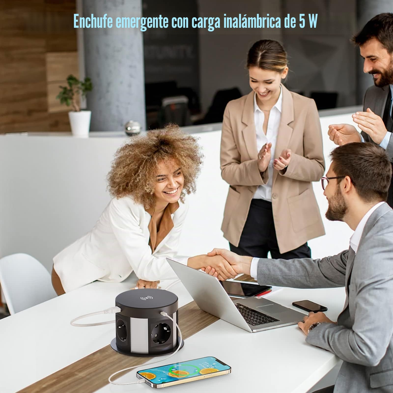Enchufe Empotrable Mesa USB C 4 Enchufes, Regleta Enchufes con 4 USB Empotrable Retráctil, Regleta de Mesa con Cargador Inalámbrico, 3680W/16A, 1,7m Cables, Negro
