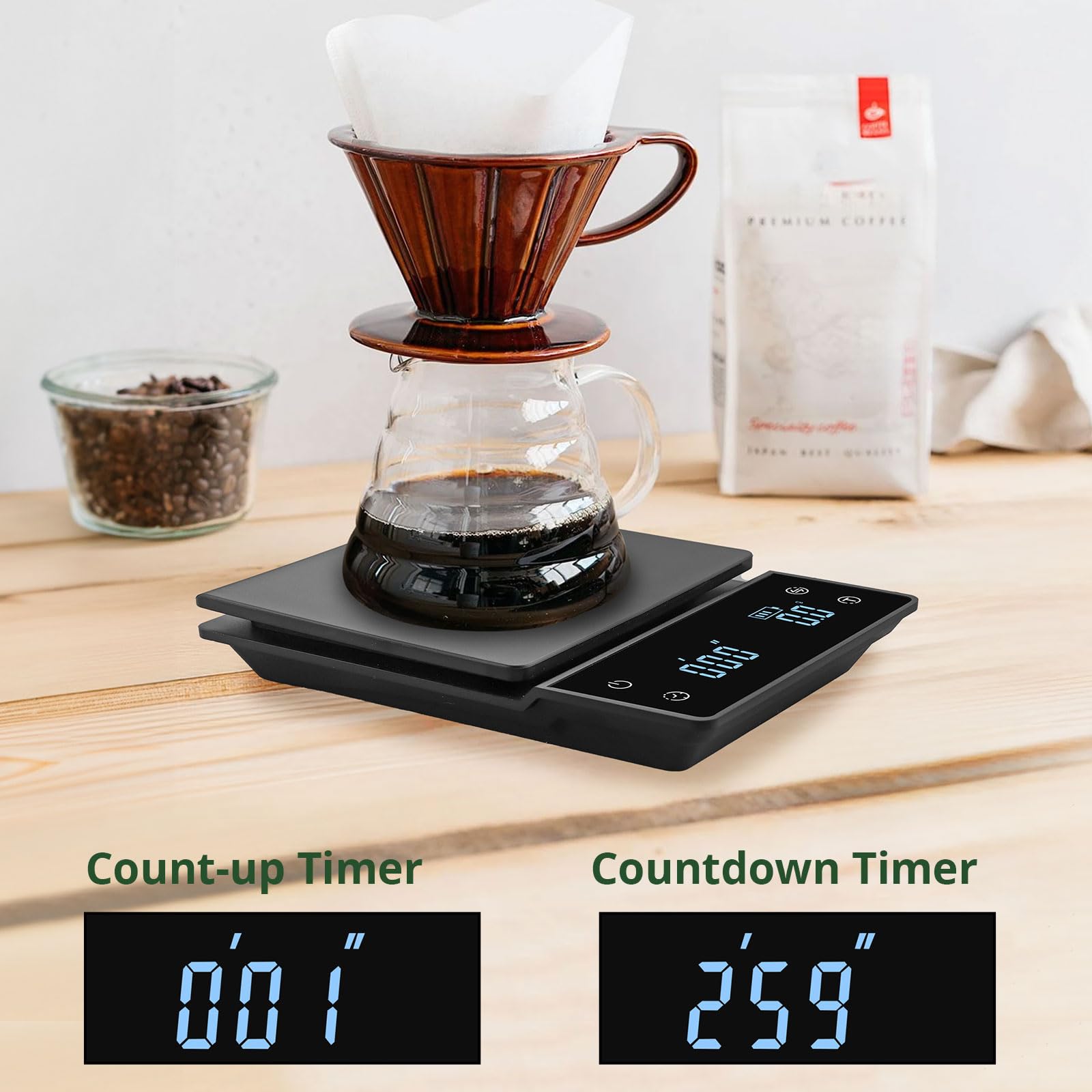 JiGiU Bilancia digitale da caffè con timer, mini bilancia per espresso, precisione 3 kg/0,1 g, display grande, ricaricabile, perfetta per versare il caffè