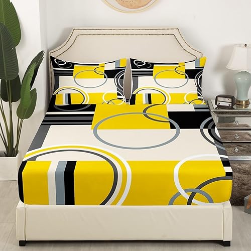 Vista 4 de Juego de sábanas modernas de tamaño Queen, color amarillo, gris y negro, juego de sábanas geométricas a rayas para niños, niñas, niños y Multi 039