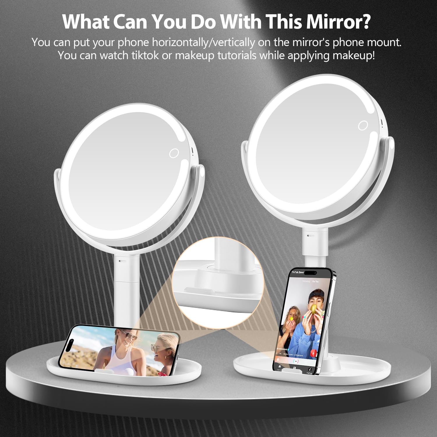 Miroir De Maquillage Lumineux Double Face 1x/20x - 80 LED, 3 Couleurs, Batterie 2000 MAh, Support Téléphone