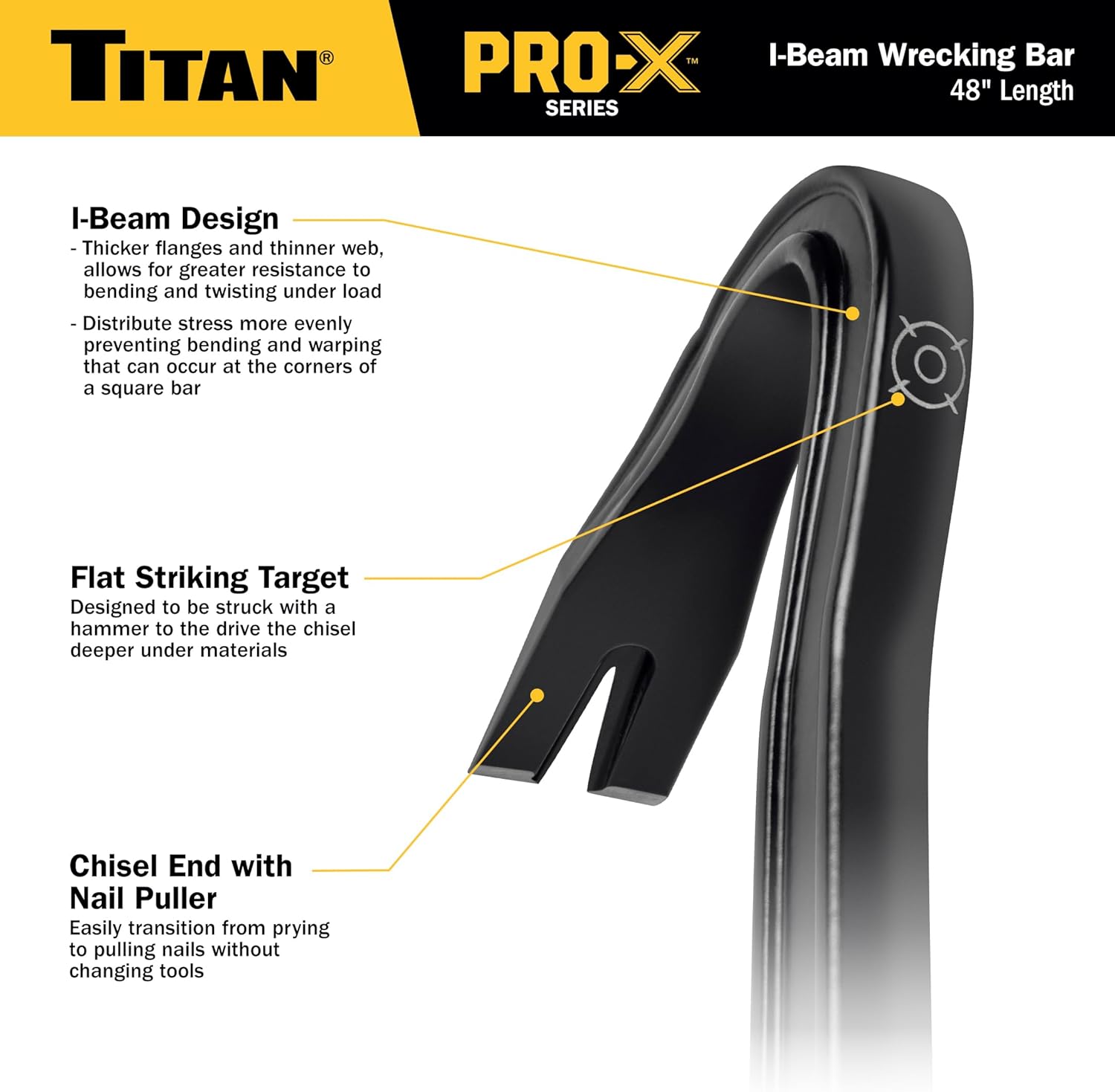 Titan Pro-X 63800 24-Inch I-Beam Wrecking Bar with Curved Gooseneck Design, Fully Hardened High Carbon Steel Construction, Angled Chisel End, Flat Striking Target