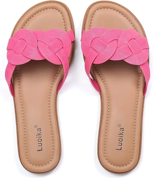 Luoika Women's Wide Width Flat Slides Sandals, Flip Flop Strappy Rhinestone Thong Sandals Comfortable Summer Beach Shoes for Women.