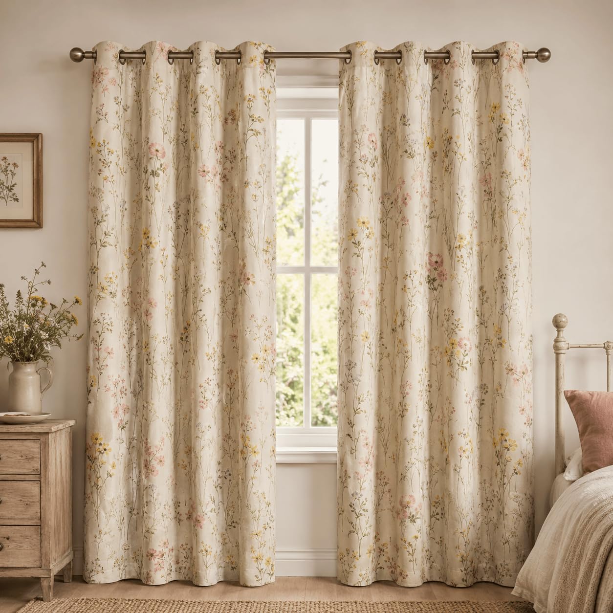 Motivo floreale campestre a piccoli fiori Tende Oscuranti Beige cremaTende Termiche isolanti per Interni Tre piani 90%-95% Tende Camera da letto Set da 2 pezzi (140L X 225A cm)