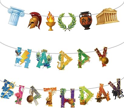 Greek Mythology Birthday Banner, Olympian Gods Happy Birthday Banner, Htabiol Greek Mythology Party Decorations, Ancient Greece Decor, for Percy Jackson Party, Camp Half Blood Decor Pre-Assembly