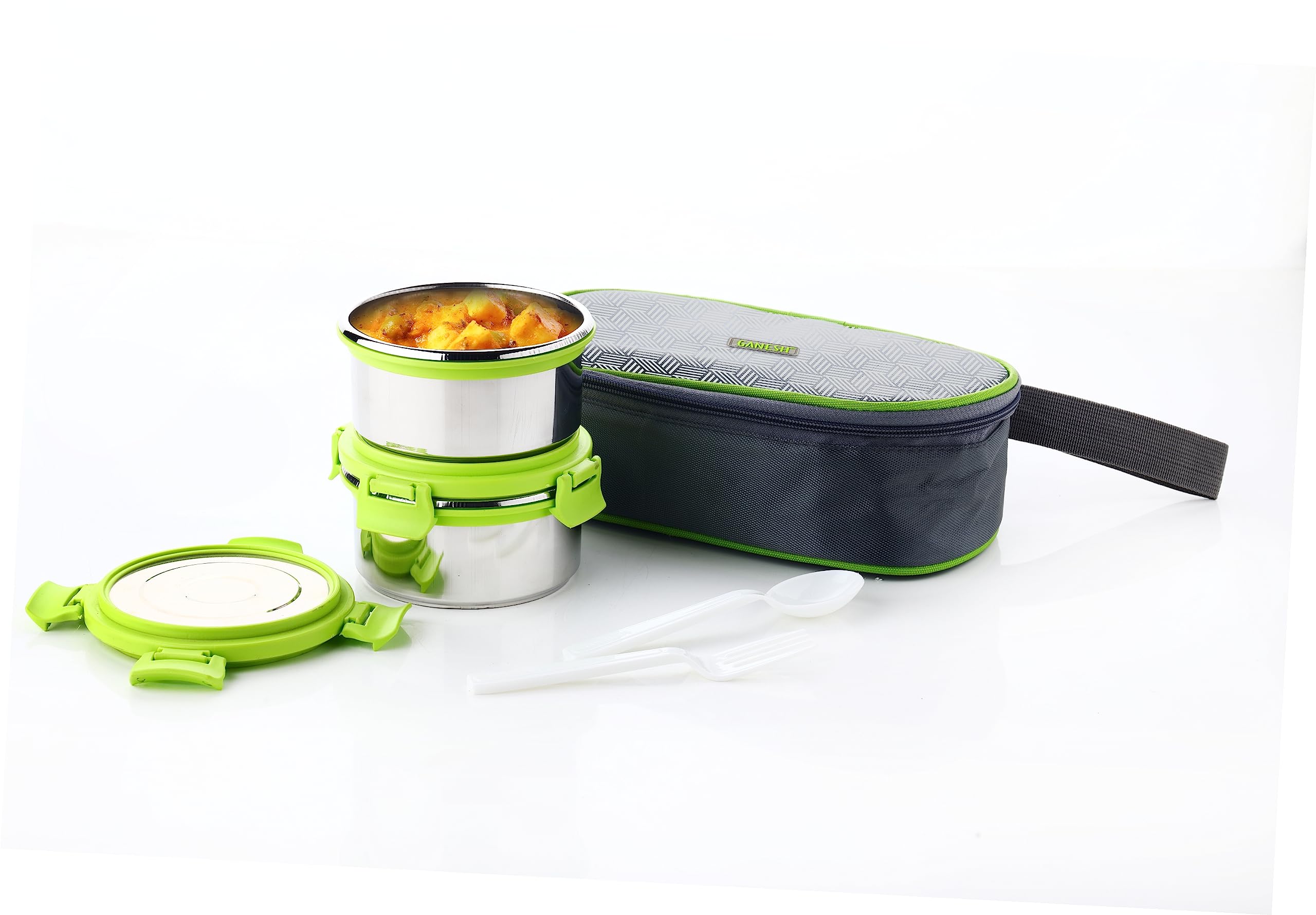 Ganesh Sigma Twin Airtight & Leak Proof Container Lunch Box with Bag 300 ML (Stainless Steel - Multicolor)