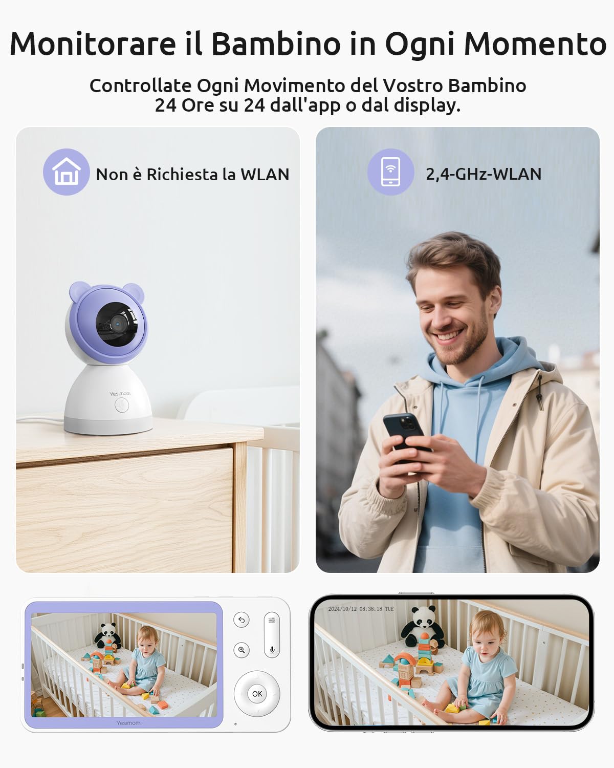 YESIMOM 2K Baby Monitor Video e Audio, Telecamera Bambini Supporto Controllo Tramite Cellulare APP & 5" Monitor, Videocamera Neonato con Luce Notturna, 360° PTZ, Allarmi Pianto e Movimento（8TM-1PZ