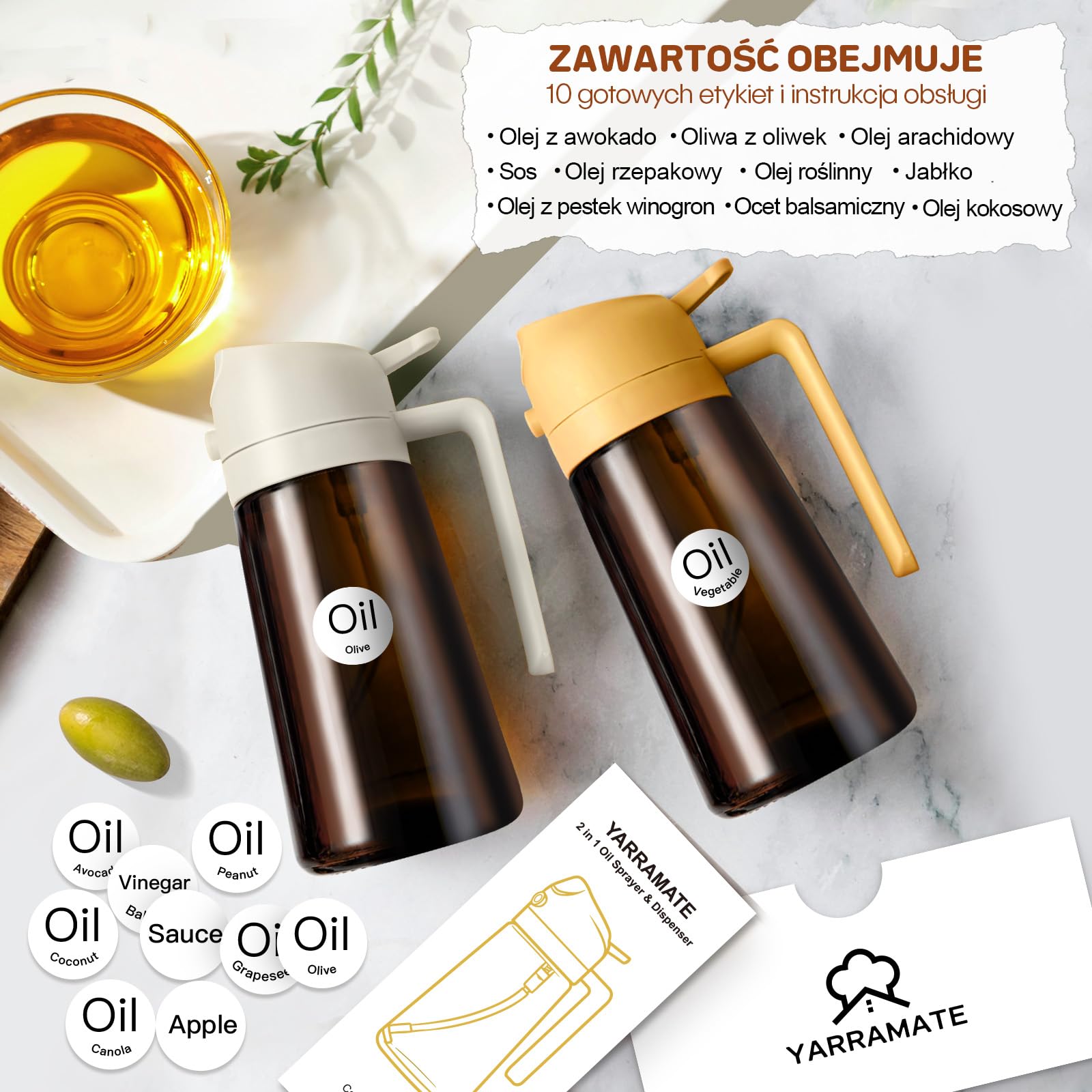 YARRAMATE blokujący światło rozpylacz ciemnego oleju do gotowania, 2 w 1 spryskiwacz do oleju do gotowania, 470 ml szklana butelka na olej, dozownik oleju i do kuchni smażenia BBQ (biały)