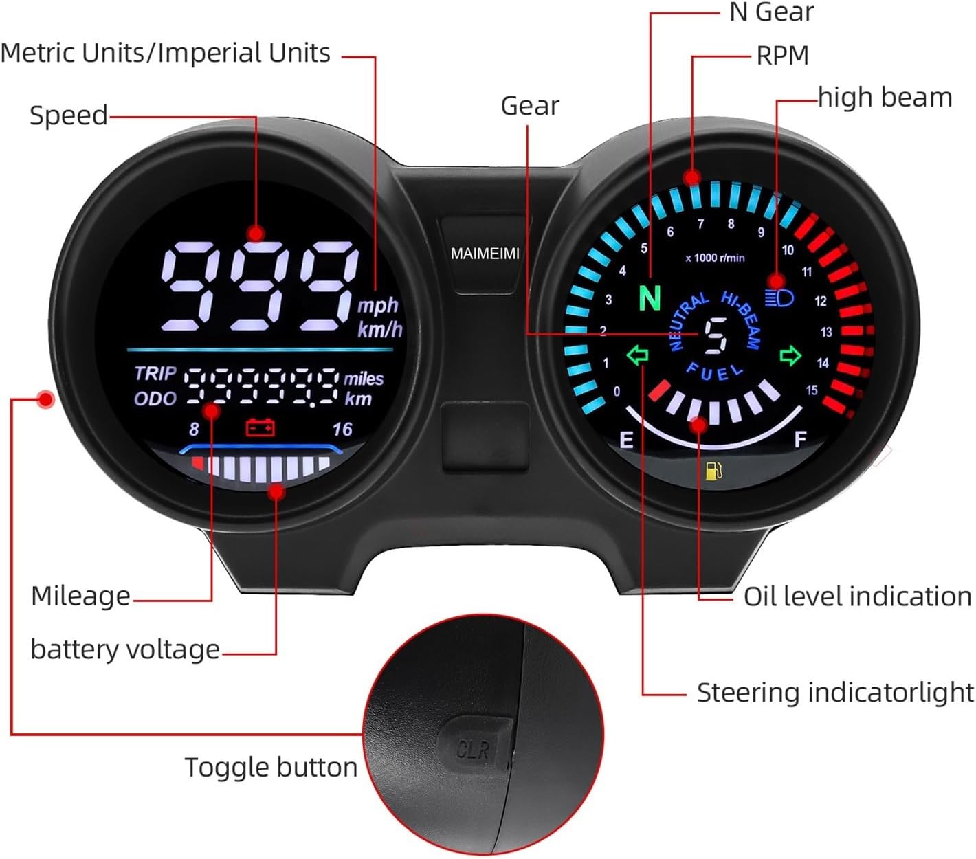 Motorbike Speedometer Speedometer Guage for Motorcycle Digital Dashboard RPM Meter with Fuel Level for Titan 150 for, Green