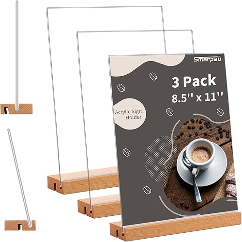 Miniatura 15 de Smarpau Soporte acrílico de 4 x 6 pulgadas con base de madera, paquete de 3 soportes 2 en 1 en forma de L/T 2 en 1, soporte de letrero de mesa