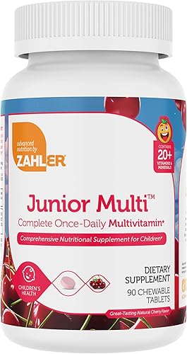 Zahler, Junior Multi, Suplemento mineral y multivitamínico óptimo para niños, las más deliciosas tabletas masticables sabor cereza, color y sabor