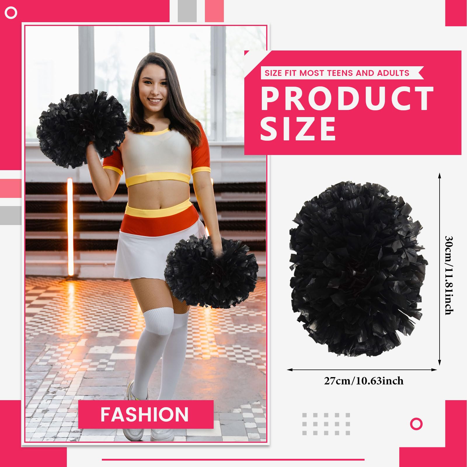 Cheer Pompony z uchwytem, ręczne pompony drużyny cheerleaderek, do drużyny sportowej, gry ducha, na imprezę taneczną, dla dorosłych, czarne, 10 szt