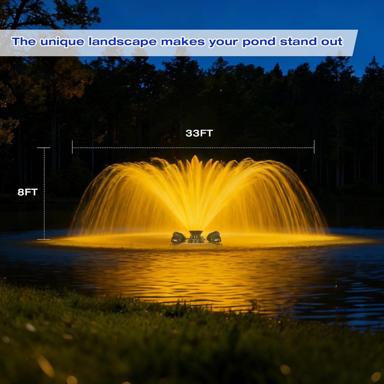 Stainless Steel Pond Fountain Aerator with 4 RGB Lights, Adjustable Light Color, Metal Floating Fountain Pump with 100FT Power Cord and Programmable Timer for Outdoor Large Ponds & Lakes